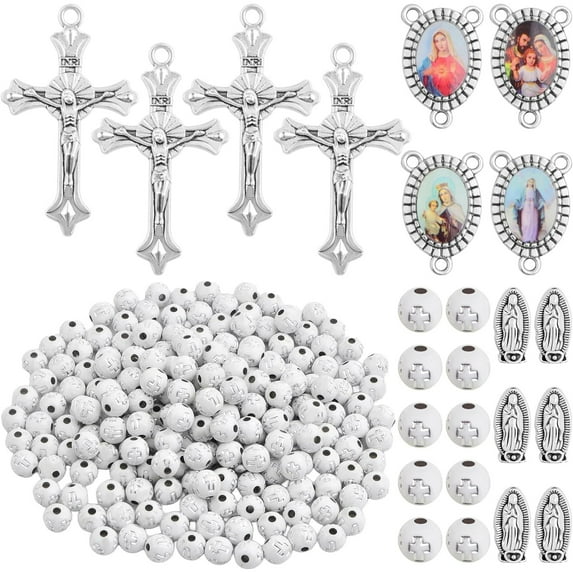 10pcs Religious Cross Charms, 10pcs Oval Virgin Mary Figure Pendant Links, 200pcs Silver White Cross Spacer Beads, 50pcs Silver Rosary Holy Beads for DIY Necklace Bracelet Jewelry Making