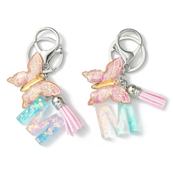 10pcs Resin & Acrylic Keychains with Alloy Split Key Rings and Faux Suede Tassel Pendants Letter & Butterfly Random Gradient color Letter M 8.6cm