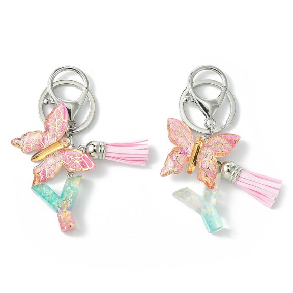 10pcs Resin & Acrylic Keychains with Alloy Split Key Rings and Faux Suede Tassel Pendants Letter & Butterfly Random Gradient color Letter Y 8.6cm