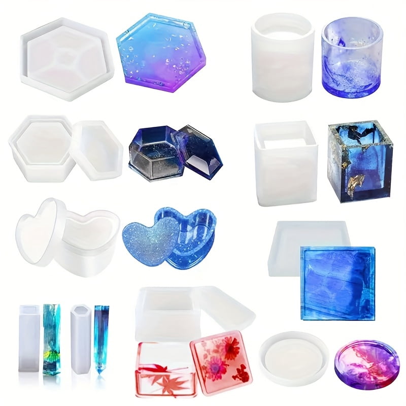 10pcs Resin Silicone Mold Large Resin Hexagon, Heart, Square, Cylindrical Circular Coaster Casting Mold Epoxy Resin Art Mold For Storage Ornaments Coaster Pen Holder Jewelry Making Home Decor