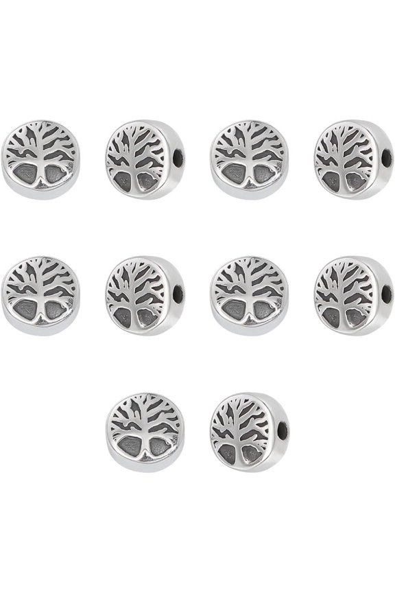 10pcs Retro Tree of Life Spacer Beads Stainless Steel Silver Round 10mm Diameter 5.5mm Thick 2mm Hole for DIY Bracelet Necklace Jewelry Making for DIY Antique Silver
