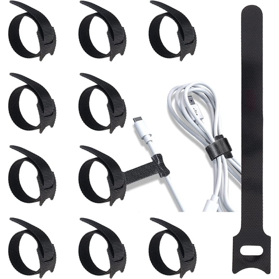 10pcs Reusable Fastening Cable Ties Straps Adjustable Black Hook Loop Rope Holder Cord Organizer Management Wraps Wire for Home Office USB PC