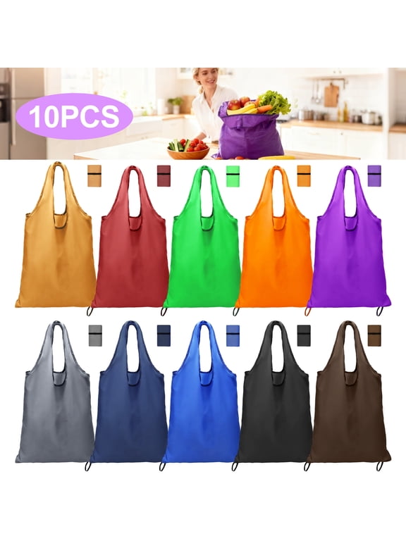 10pcs Reusable Grocery Bags, EEEKit Foldable Fashion Shopping Bags, Large Tote Bags For Groceries, Washable Ripstop Storage Pouch