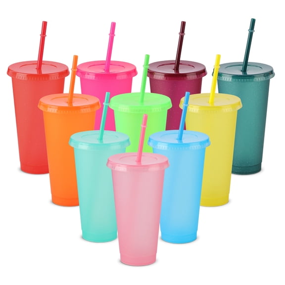 10pcs Reusable Plastic Cups with Lids and Straws, 24oz Colorful Straw Iced Coffee Travel Mug, Adults Plastic Cups for Parties, Tumblers Bulk