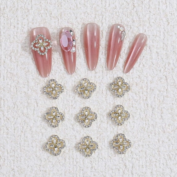 10pcs Rhinestone Clover Nail Charms - 3D Sparkling Gold Hollow Diamond Lucky Clover Nail Jewelry Decorations Luxury Full Cover Rhinestone Alloy Nail Art Charms Gems for Manicure DIY