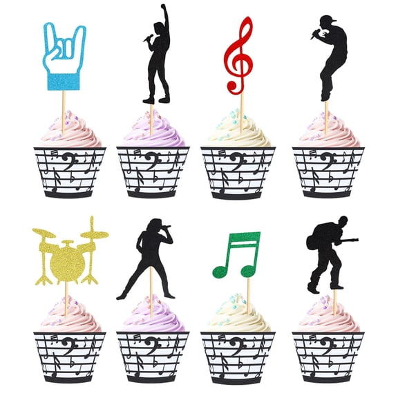 10pcs Rock Band Cupcake Toppers Rock Pop Music Theme Cupcake Picks Music Concert Theme Birthday Party Cake Decorations Supplies Black Glitter