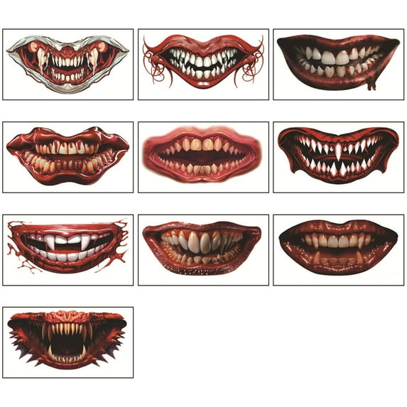 10pcs Scary Big Mouth Temporary Tattoo, Halloween Realistic Face Stickers, Multiple Sizes Clown for Adults Kids, Horror Prank Props Make Up Face Decals Cosplay Decor Party Zombie Vampire