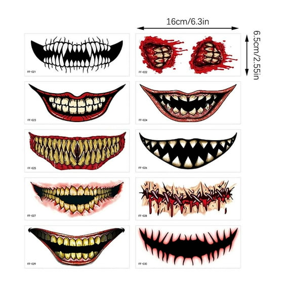 10pcs Scary Big Mouth Temporary Tattoo, Halloween Realistic Face Stickers, Multiple Sizes Clown for Adults Kids, Horror Prank Props Make Up Face Decals Cosplay Decor Party Zombie Vampire