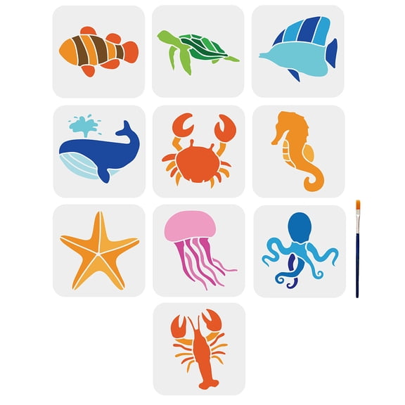 10pcs Sea Ocean Creatures Stencils 66inch Sea Life Stencils with Paint Brush Summer Sea Turtles Whales Crabs Seahorses Starfish Jellyfish Templates