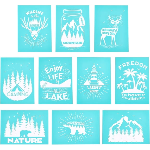 10pcs Self-Adhesive Silk Screen Printing Stencil Forest Theme Reusable Pattern Stencils for Painting on Wood Fabric Wall and Home Decorations Sky Blue