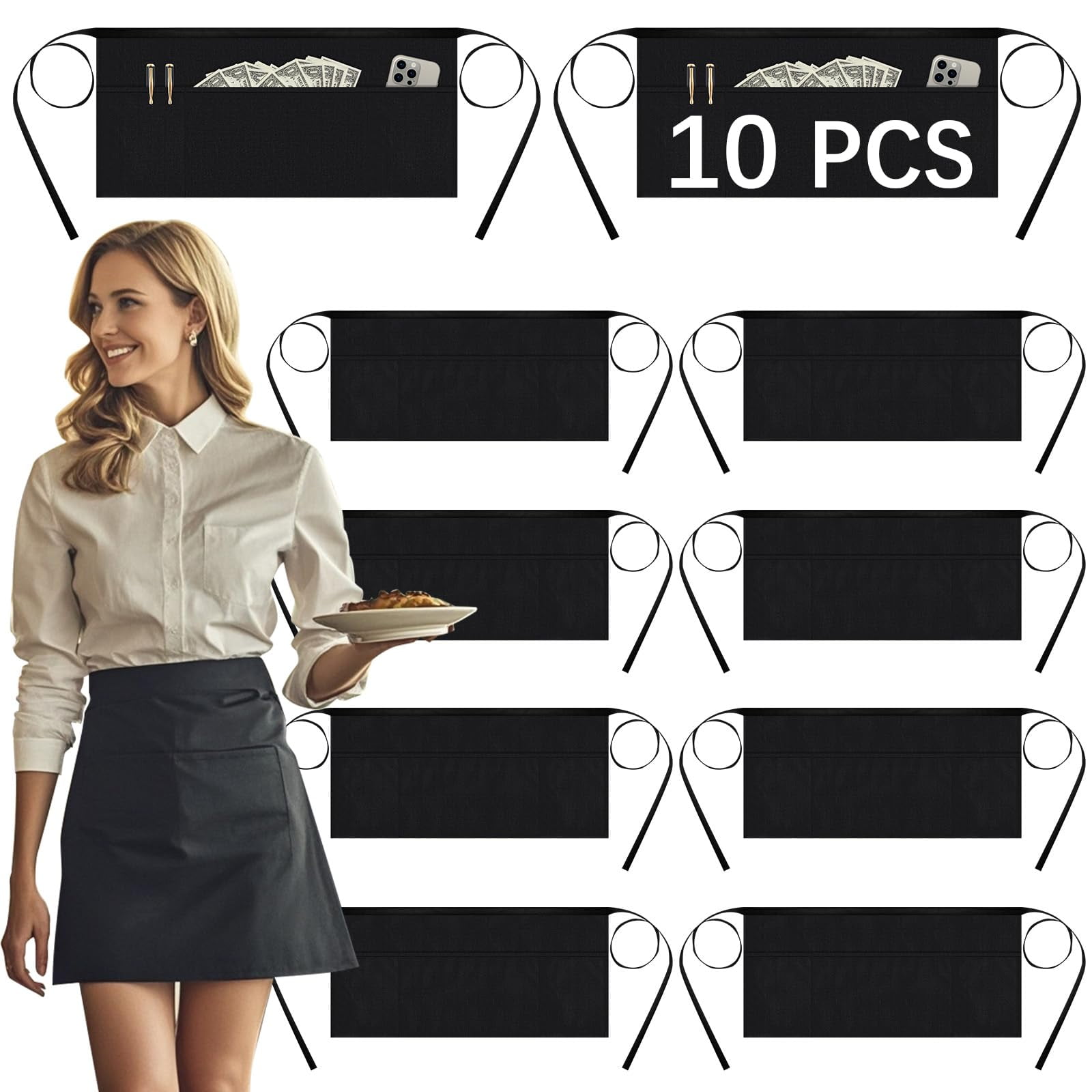 10pcs Server aprons with 3 pockets - Reinforced tailor edge restaurant ...