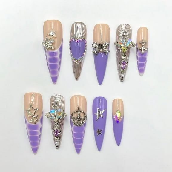 10pcs Set Handmade Galaxy Press-On Nails - Purple Star Long Coffin Fake Nails with 3D Charms