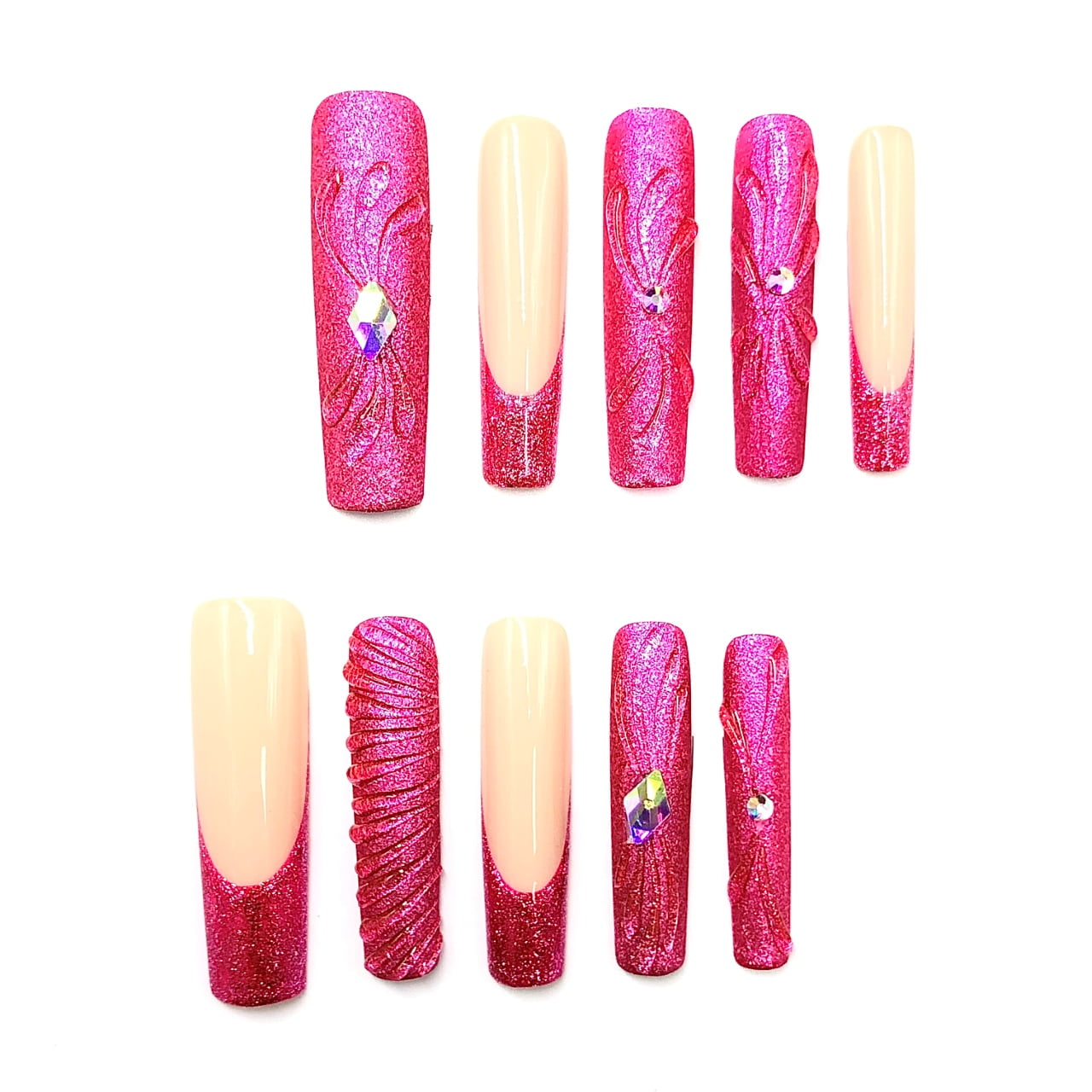10pcs Set Handmade Press-On Nails - Hot Pink Glitter French Tip with 3D Floral Emboss & Rhinestones, Long Coffin Fake Nails