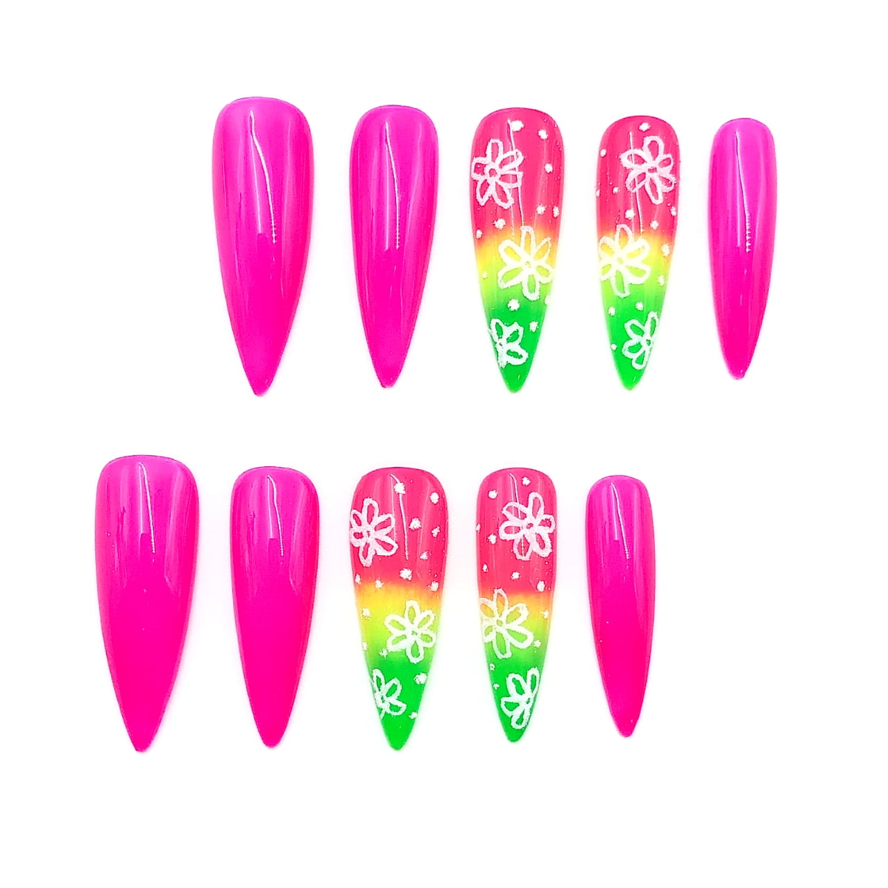 10pcs Set Long Coffin Reusable Summer Floral Press-On Nails Handmade Pink & Green Ombre Nails