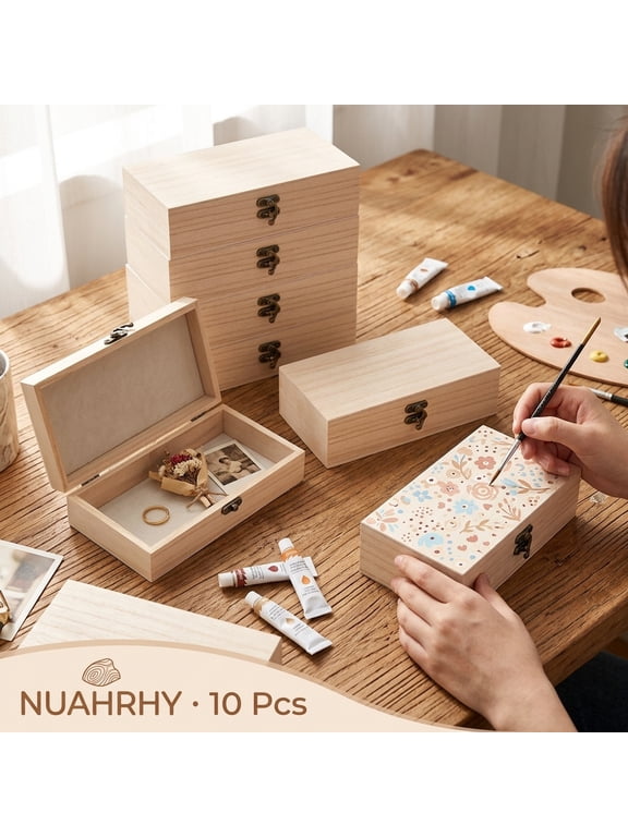 10pcs Set Unfinished Wood Box with Hinged Lid and Front Clasp, Natural Paulownia Wooden Craft Boxes for DIY Painting, Jewelry and Keepsake Storage, 7.87 x 3.94 x 1.97 Inches