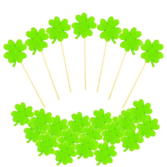 10pcs Shamrock Cake Topper Decoration St. Patricks Day Four Leaf Clover Bamboo Picks for Irish Family Party Supplies