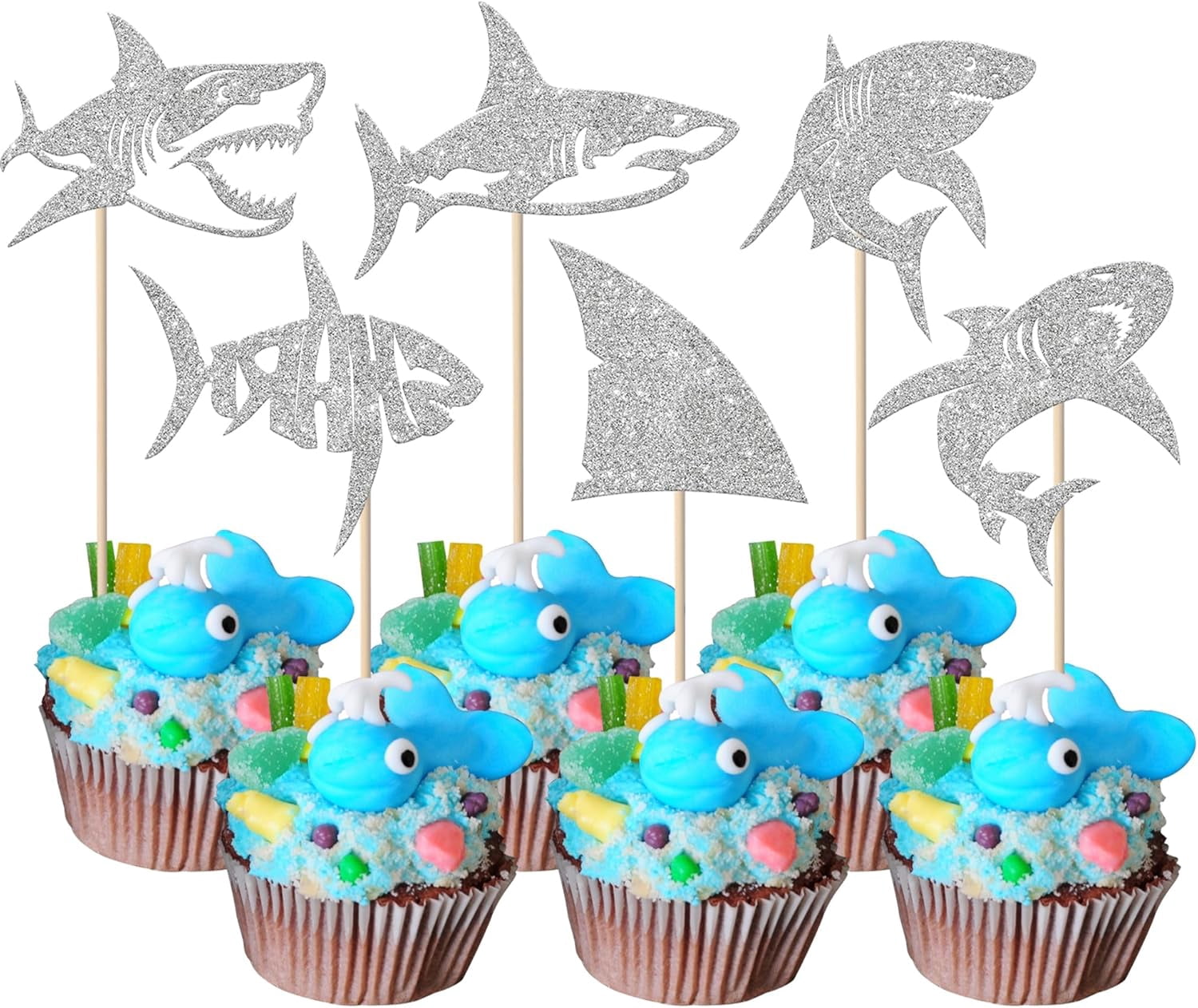 24Pcs Shark Cupcake Toppers - Blue Glitter Shark Fin Picks For Ocean Theme Birthday, Baby Shower Parties