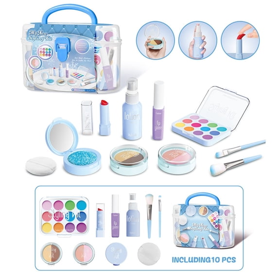 10pcs Simulation Makeup Playset for Girls 3-8 Ages - Fake Cosmetic Kit with Storage Box, Pretend Play Dress-Up Toys Gift