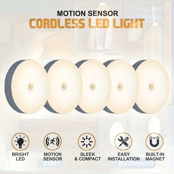 10pcs Smart Body Sensor LED Night Light, Hallway, Closet, Bedroom, Bedside Sensor Circular Light Stair Wireless Night Light Dynamic Sensor Wardrobe Light, Dynamic Sensor Light, Can Be Posted Anywhere