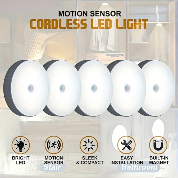 10pcs Smart Body Sensor LED Night Light, Hallway, Closet, Bedroom, Bedside Sensor Circular Light Stair Wireless Night Light Dynamic Sensor Wardrobe Light, Dynamic Sensor Light, Can Be Posted Anywhere