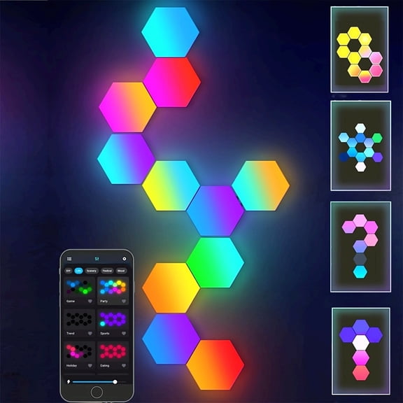 10pcs Smart Hexagon LED Wall Lights RGBIC Music Sync Panels for Gaming Room
