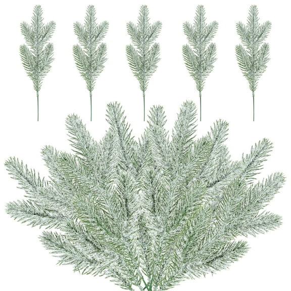 10pcs Snow Frosted Pine Branches Christmas Artificial Pine Leaves Branches Fake Greenery Plants Pine Sprigs Green Christmas Tree Picks Faux Greenery Stems for DIY Garland Crafts
