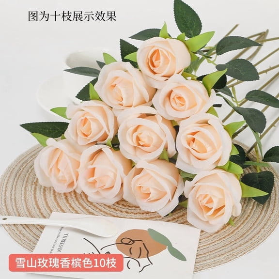 10pcs Snow Mountain Style Artificial Silk Rose Flowers - Realistic Fake Roses with Leaves & Thorns, Perfect for Valentine's Day, Weddings & DIY Bouquets, Durable Silk Floral Decoration, E