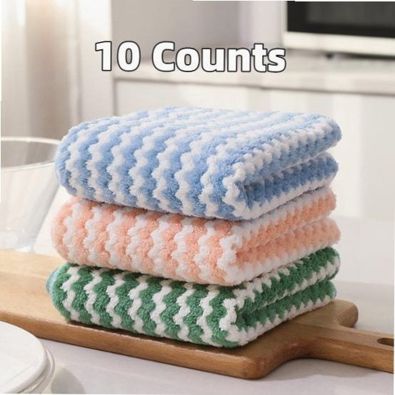 10pcs Soft Microfiber Kitchen Towels, absorbent for dry/wet washing, reusable, multipurpose for dishes, sinks, pots, pans.