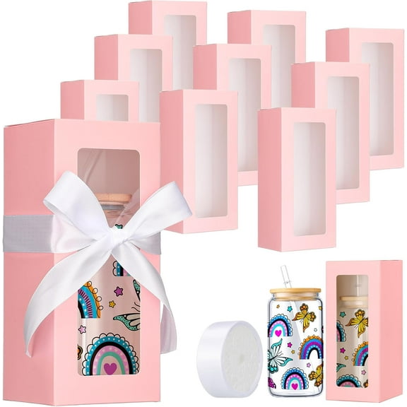 10pcs Solid Color Rectangular Gift Boxes with Display Window and Ribbon for Sublimation Tumblers, 12 oz 16 oz 20 oz Cups Glasses Jars, for Wedding, Bridal Shower, Birthday, Graduation, Anniversary