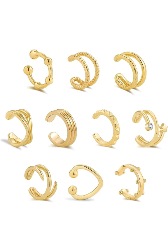 10pcs Sparkling Ear Cuff pack Gold Dainty Helix Earrings Huggie Stud Cuff Earrings for women Earring Set | Clip On Cartilage non pierced