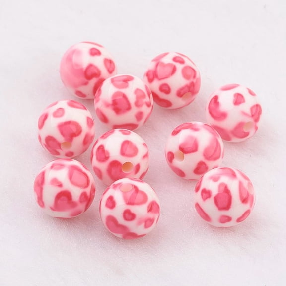 10pcs Spray Painted Resin Beads with Heart Pattern Round Hot Pink 10mm Hole: 2mm