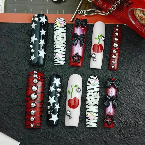 10pcs Square Long Handmade Y2K Nails - Black White Red Pink Designs, 3D Stars, Hearts, Bows & Rhinestones, Summer Cool Edgy Goth Press On Nails