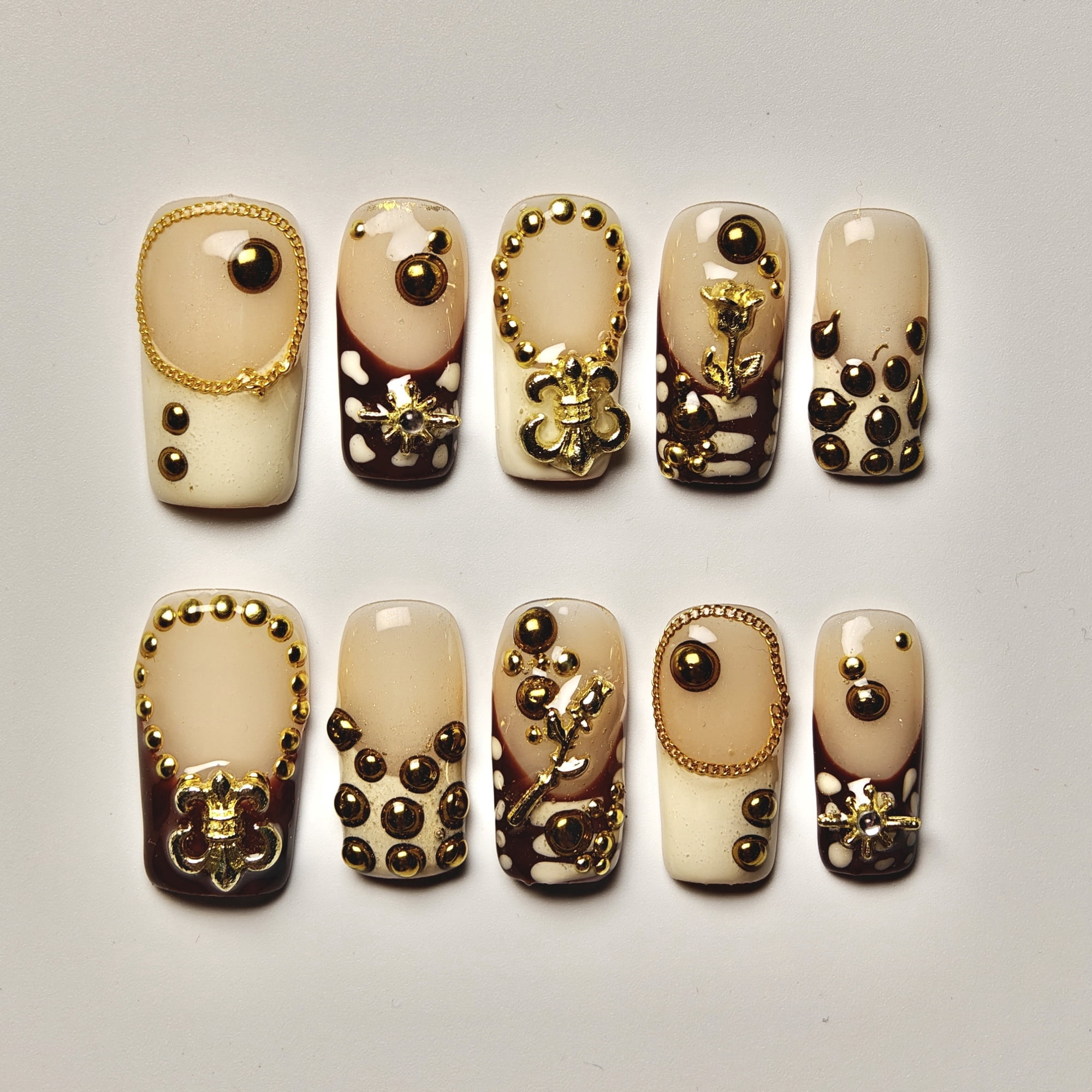 10pcs Square Medium Handmade Y2K Nails - Brown & Nude Designs, 3D Gold Beads, Chains & Floral Accents, Summer, Independence Day, Goth & Vintage Style