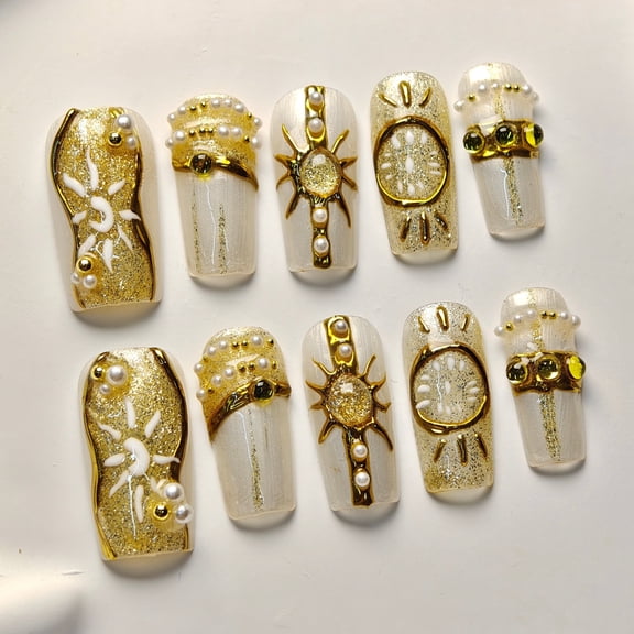 10pcs Square Medium Handmade Y2K Nails – White & Gold, Hand Drawn Sun & Moon Patterns, 3D Pearls & Gems, Summer Independence Day Press On Nails for Women