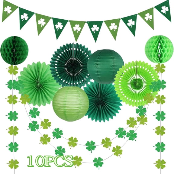 10pcs St Patricks Day Decorations, Green Party Supplies Four-leaf Clover Garland Tissue Paper Fan Paper Lantern for Irish Party Saint Patricks Day Decor