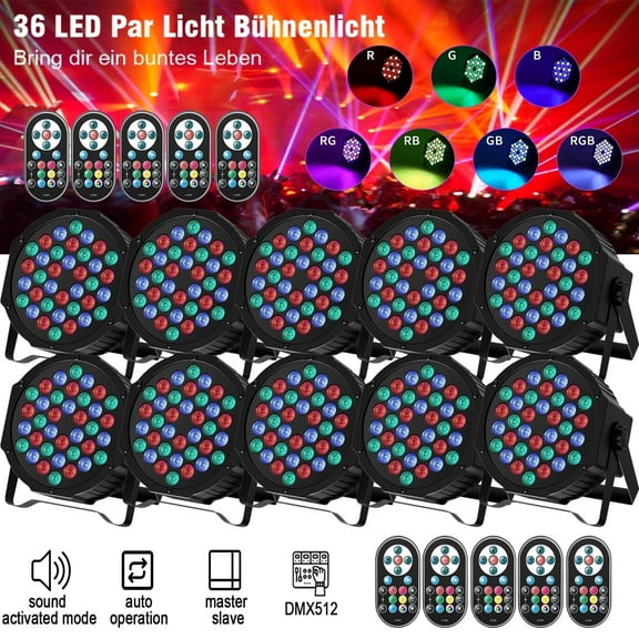10 Pack Stage Lights 36 DJ LED Round Par Light RGB Party Lights Uplights with Sound Activated Remote DMX Control for Disco Dance Wedding Club Christmas Birthday Music Party Stage Lighting