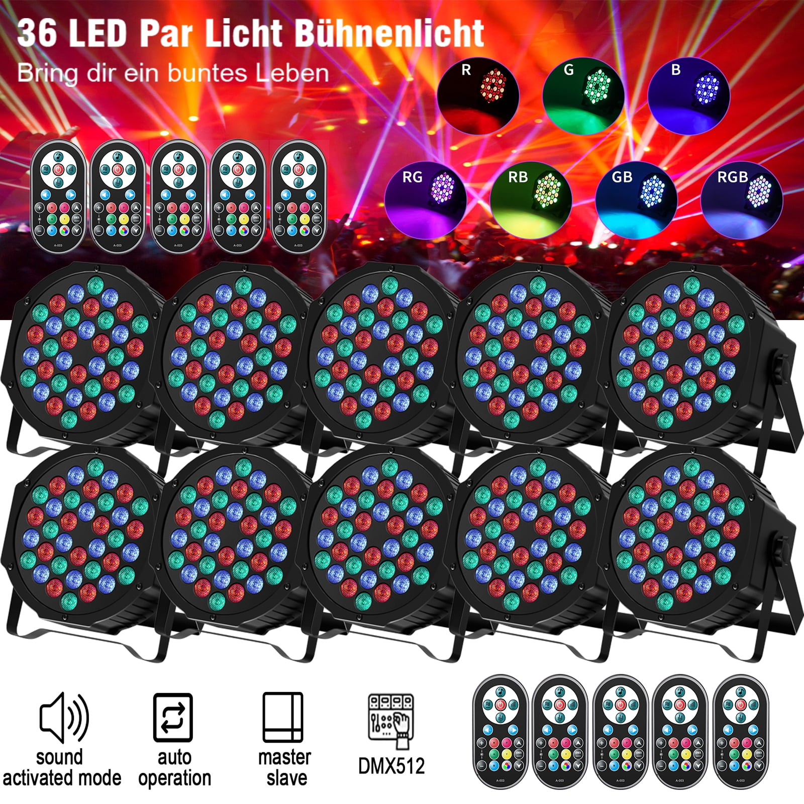 10pcs Stage Lights 36 DJ LED Par Light RGB Party Lights Uplights with Sound Activated Remote DMX Control for Disco Dance Wedding Club Christmas Birthday Music Party Stage Lighting