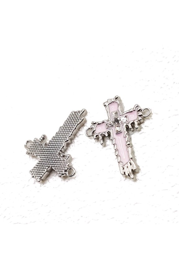 10pcs Stainless Steel Enamel Religion Connector Melting Corss Links Stainless Steel color Pink 30mm