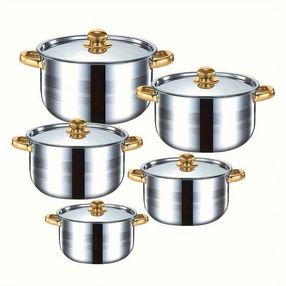 10pcs Stainless Steel Pot Set, Multi-Size Cooking Pots with 5 Pots and 5 Lids, Deep Stock Pot, Suitable for Home and Restaurant Cooking, Soups, Hot Pots, Noodles, Pasta, Seafood