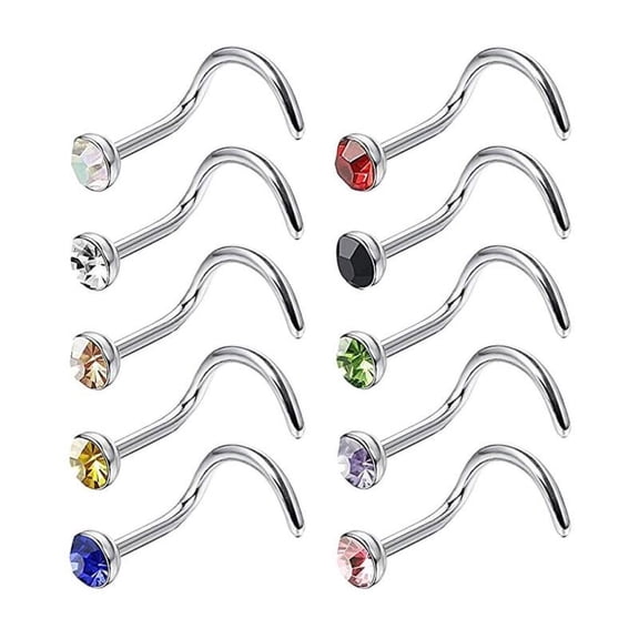 10pcs Stainless Steel Rhinestone Nose Stud Bar Pin Piercing Jewelry 18G - Multicolor, 2.0mm