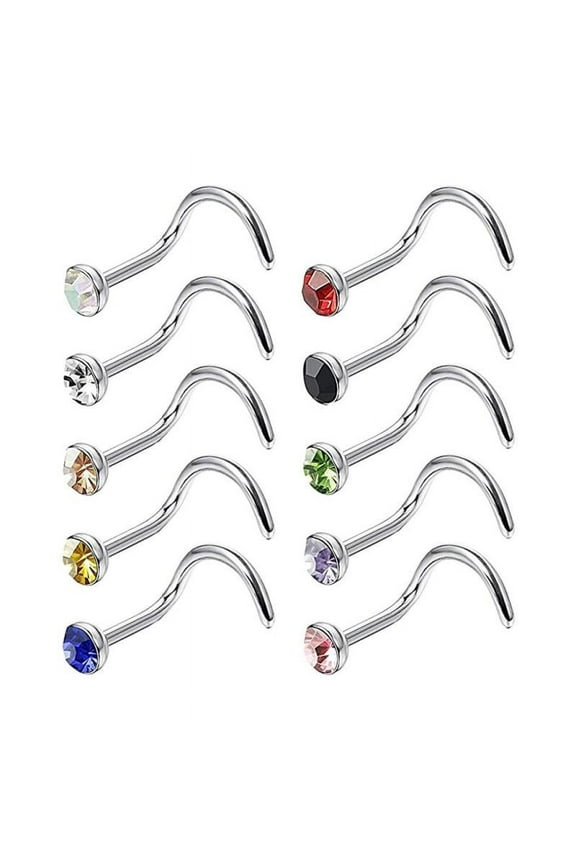 10pcs Stainless Steel Rhinestone Nose Stud Bar Pin Piercing Jewelry 18G - Multicolor, 2.0mm