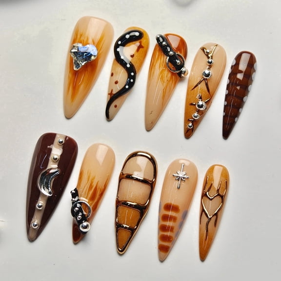 10pcs Stiletto Handmade Press On Nails, Y2K Goth Style, Brown 3D Snake Heart Star Design, Suitable For Summer Party, For Women Girls