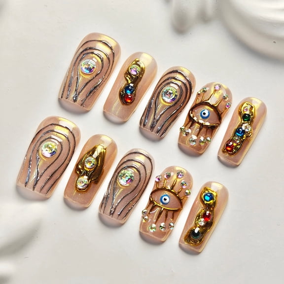 11pcs Medium Square Press on Nails, Handmade Nude Pink Base with Gold Evil Eye, Line Pattern, Rhinestone & Colorful Gems for Women