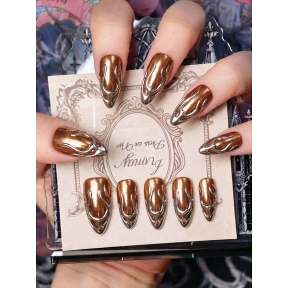 10pcs Stiletto Medium Nails Handmade Y2K Futuristic Style Orange Brown Nails with 3D Metallic Wave Decor Suitable For Summer Independence Day Parties For Women Girls