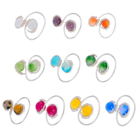 10pcs Stone Ring Sliver Adjustable Round Nature Gemestone Rings Wire Wrapped Colorful Threading Beads Luncky Stone Jewelry for Women Diameter 17.7mm