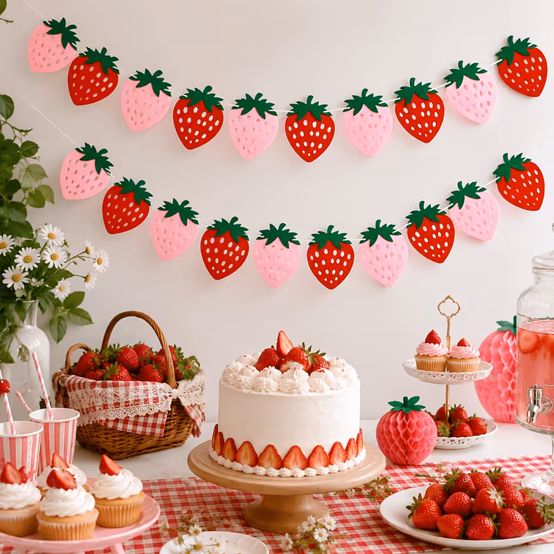 10pcs Strawberry Felt Banner, Strawberry Themed Birthday Party Decoration, Cute Fruit Bunting Garland for Summer Party Wall Dessert Table Backdrop