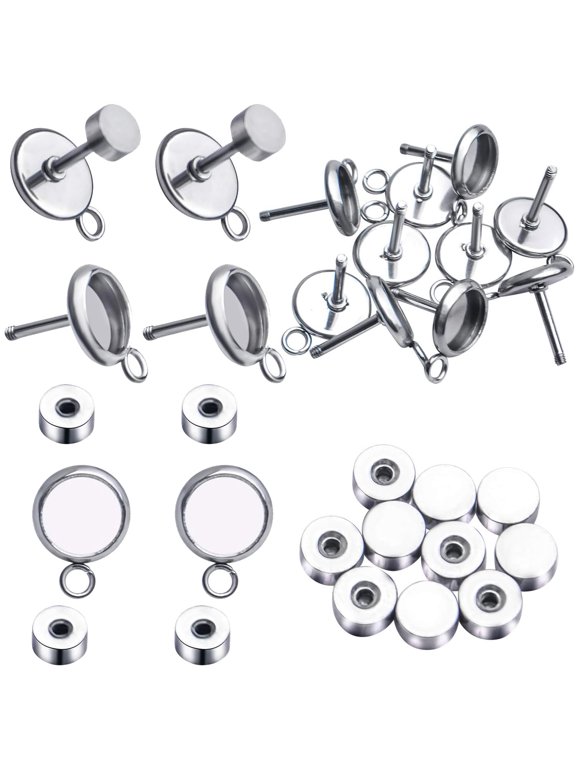 10pcs Stud Earring Bezels,6mm Stainless Steel Earring Blanks Hypoallergenic Earring Posts Cabochon Bezel Trays Gemstone Earring Settings with 2mm Loops for Attach,10pcs Screw Earring Backs