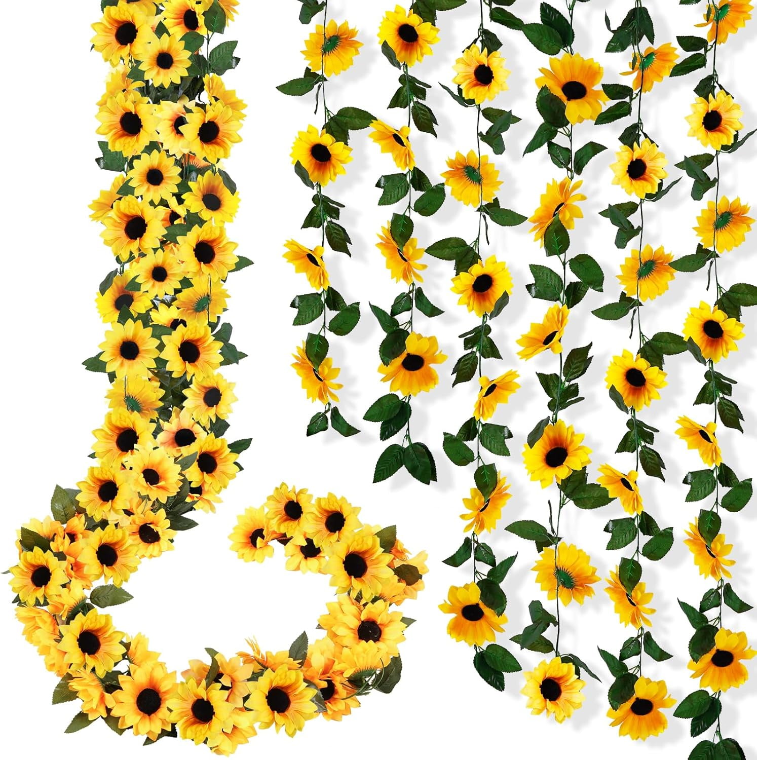 10pcs Sunflower Garland Artificial Flowers, 8.2ft/Pcs Silk Sunflowers with Green Leaves, Flowers Vines for Room Home Kitchen Garden Wedding Arch Party Decor