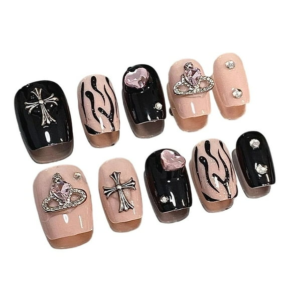 10pcs Sweet Gothic Press on Nails Set Pink Black Fake Nails with Cross Rhinestones No Glue Needed - Reusable Nail Press-on Artificial faux Fingernails for Daily Wear Selfies Parties office looks