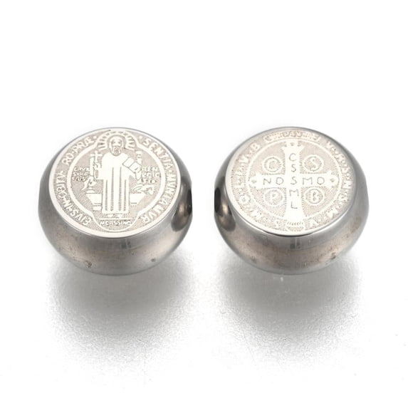 10pcs Tarnish Resistant 304 Stainless Steel Beads Flat Round with Saint Benedict Medal Stainless Steel color 11x5mm Hole: 2mm